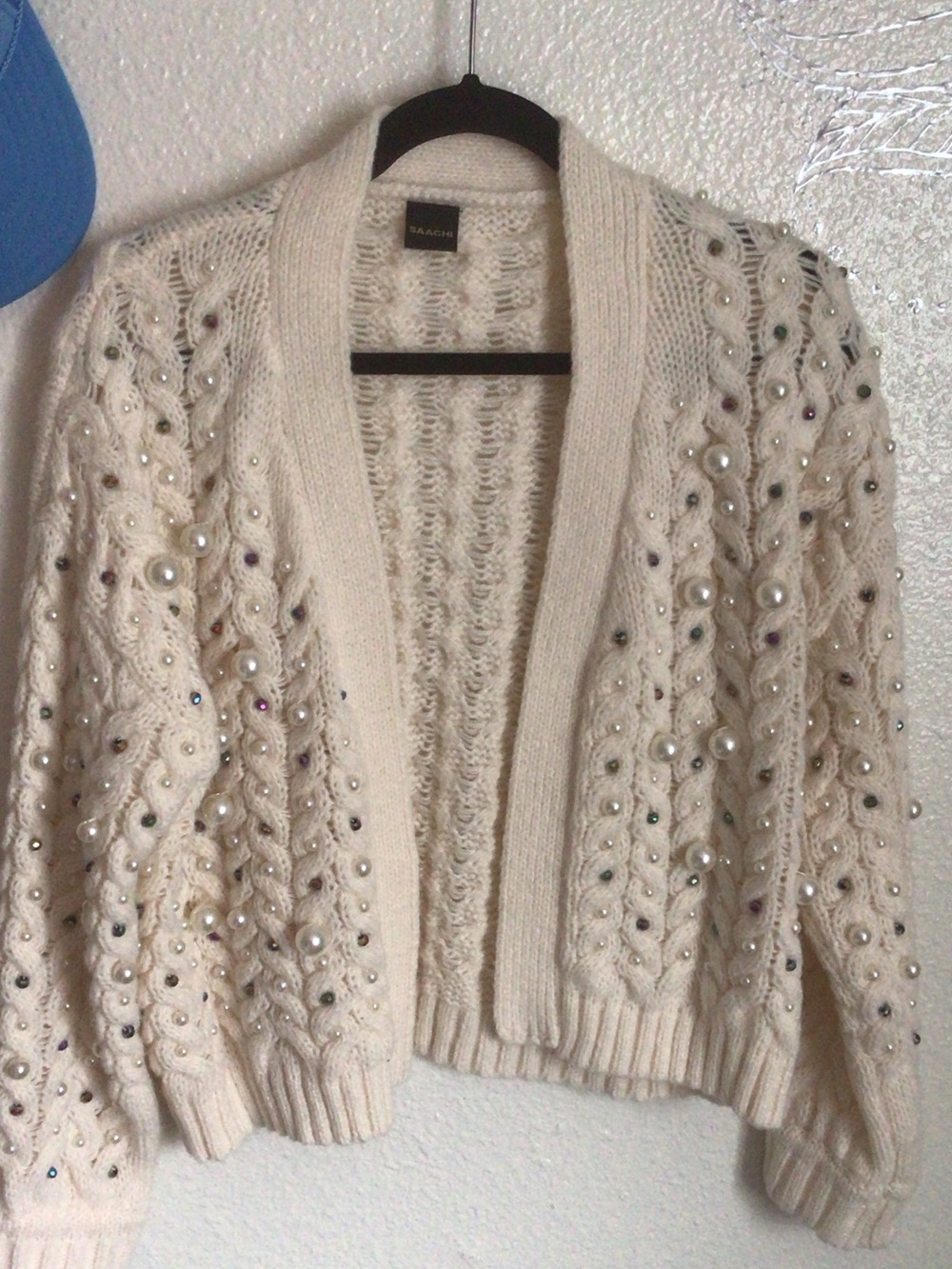 SAACHI Cream Cable Knit Cardigan with Pearls & Rhinestone Accents